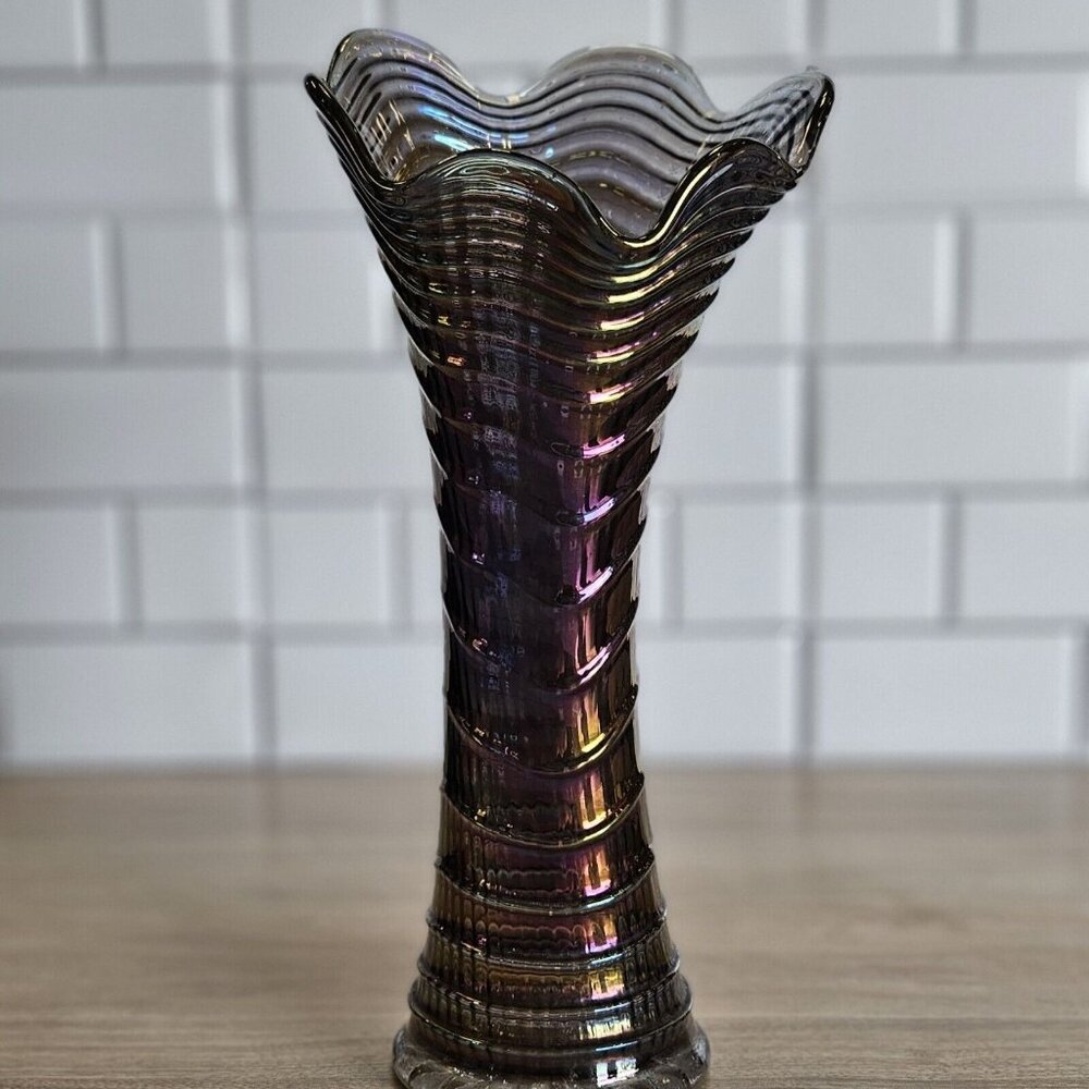 VTG Electric Purple Imperial Amethyst Carnival Glass Ripple Vase 12” Swung